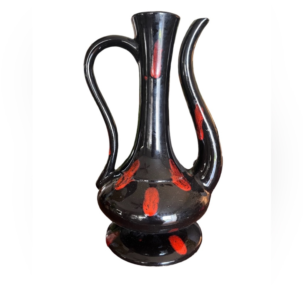 Vintage handmade 1974 genie style vase black with red design ceramic